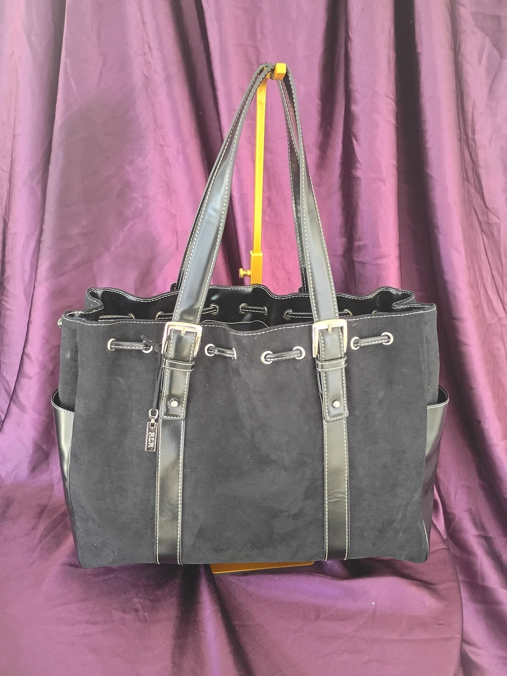 Ralph Lauren Black Suede Drawstring Tote with Leather Trim